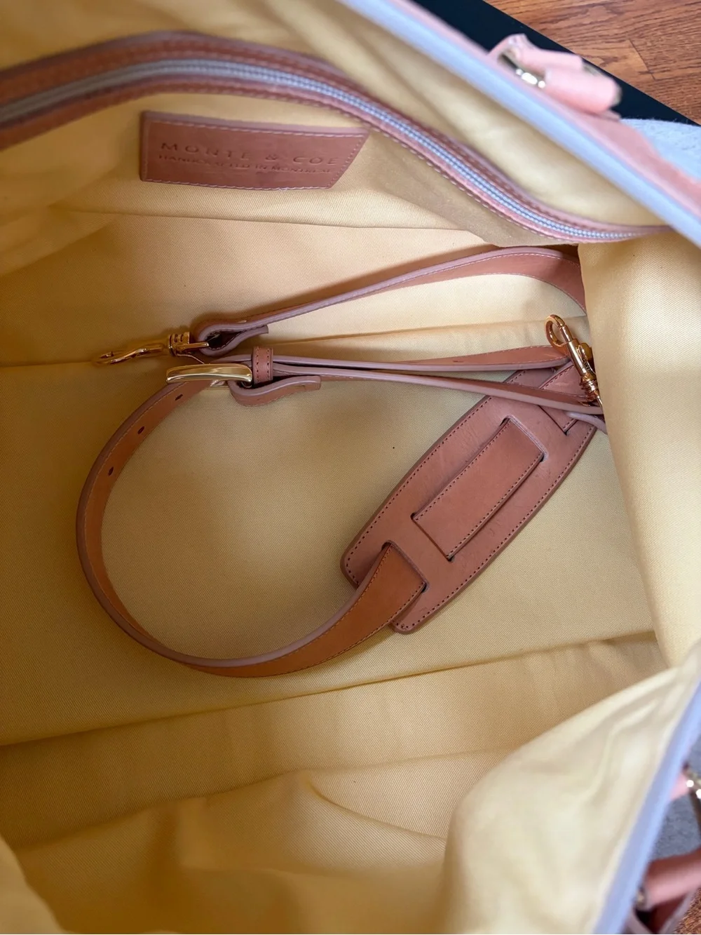 Monte & Coe Beige Canvas and Tan wool and Leather Weekender with Blue Stripe